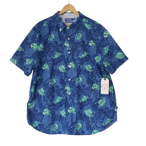 NWT Nautica Mens Classic Fit Stretch Button-Down Shirt XXL Blue Tropical Fish - Picture 2 of 10